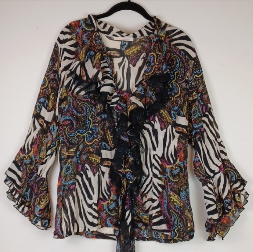LE CAVIAR Zebra Floral-Graphic Lace Ribbon Ruffle Bell Sleeve  Edgy Blouse SZ L - Picture 13 of 15